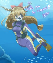 Rule 34 | 1girl, absurdres, blue wetsuit, bodysuit, bow, breasts, brown eyes, brown horns, commentary request, covered navel, diving regulator, diving suit, hair bow, highres, horns, ibuki suika, long sleeves, orange hair, red bow, rise (rise19851203), scuba, scuba gear, small breasts, snorkel mask, solo, touhou, translation request, weight belt, wetsuit