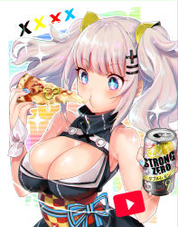 Rule 34 | 1girl, absurdres, bishooji, black dress, blue eyes, blue nails, breasts, can, chromatic aberration, cleavage, cleavage cutout, clothing cutout, commentary request, dress, eating, food, hair ornament, highres, kaguya luna, large breasts, nail polish, obi, pizza, pizza slice, ribbon, sash, short hair, silver hair, sleeveless, sleeveless dress, solo, sparkling eyes, strong zero, the moon studio, twintails, upper body, virtual youtuber, white ribbon, wrist ribbon, x hair ornament