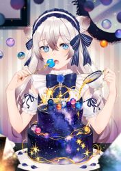 Rule 34 | 1girl, :o, achiki, bad id, bad twitter id, bare arms, bauble, blue bow, blue bowtie, blue eyes, blue flower, blue ribbon, blurry, blurry foreground, bow, bowtie, brown hair, cake, christmas ornaments, cup, depth of field, detached sleeves, double bun, dress, drink, eating, fang, flower, food, fork, frills, gradient hair, hair between eyes, hair bun, hair ribbon, hands up, headdress, holding, holding cup, holding fork, indoors, long hair, looking at viewer, milky way, mirror, multicolored hair, open mouth, original, picture frame, puffy short sleeves, puffy sleeves, ribbon, short sleeves, sidelocks, silver hair, sky, solo, sparkle, spilling, star (sky), starry sky, starry sky cake, striped ribbon, teacup, tray
