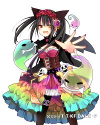 Rule 34 | 1girl, ;d, animal ears, asymmetrical hair, black capelet, black hair, black pantyhose, black wings, breasts, capelet, cat ears, cleavage, clock eyes, corset, cowboy shot, date a live, dress, fang, floating hair, flower, ghost, hair flower, hair ornament, halloween, halloween costume, head wreath, heterochromia, hibiki mio, jewelry, long hair, medium breasts, multicolored clothes, multicolored dress, nail polish, one eye closed, open mouth, pantyhose, red eyes, red flower, red nails, ribbon-trimmed sleeves, ribbon trim, ring, simple background, smile, solo, standing, symbol-shaped pupils, tokisaki kurumi, transparent, white background, wings, yellow eyes