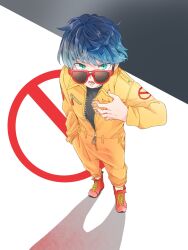 Rule 34 | 1boy, aqua eyes, black shirt, blue hair, commentary request, full body, hand on own chest, highres, jumpsuit, kashikaze, long sleeves, looking at viewer, open mouth, orange jumpsuit, original, red-framed eyewear, red footwear, shade, shirt, short hair, solo, standing, sunglasses, zipper, zipper pull tab