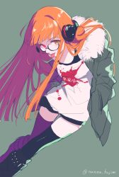 10s 1girl artist_name boots breasts female_focus fujimi_nanna fur_trim glasses hands_in_pockets headphones heterochromia highres long_hair long_sleeves looking_at_viewer orange_hair persona persona_5 sakura_futaba shorts simple_background small_breasts solo text_focus thighhighs tongue tongue_out