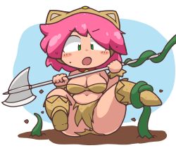Rule 34 | 1girl, :o, absurdres, animal hood, axe, bad id, bad pixiv id, bare shoulders, battle axe, bell, berserker (final fantasy), bikini, bikini top only, blush, boots, breasts, brown bikini, brown footwear, cat hood, cleavage, collar, dirt, eyebrows, facing viewer, final fantasy, final fantasy v, green eyes, highres, holding, holding axe, holding weapon, hood, hood up, jingle bell, knee boots, kuto tubuyaki, legs up, lenna charlotte tycoon, loincloth, navel, neck bell, open mouth, pink hair, plant, red collar, short hair, sitting, solo, spread legs, stomach, strapless, sweat, swimsuit, v-shaped eyebrows, vines, weapon, wristband