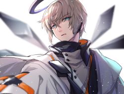 Rule 34 | 1boy, arknights, blue eyes, executor (arknights), halo, highres, jacket, light particles, looking at viewer, male focus, parted lips, short hair, silver hair, simple background, spica (spica 1510), upper body, white background, white jacket