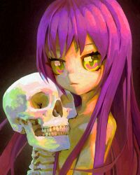 Rule 34 | 1girl, closed mouth, flat chest, from side, highres, long hair, looking at viewer, looking to the side, original, purple hair, skeleton, skull, solo, straight hair, topless, ufoshock, upper body