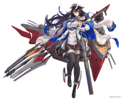 Rule 34 | 1girl, bad id, bad twitter id, bare shoulders, black footwear, black hair, black pantyhose, boat, breasts, buttons, closed mouth, coat, commentary request, dress, elbow gloves, full body, gloves, hat, holding, holding weapon, ibuki (steelblue mirage), jacket, jacket on shoulders, large breasts, loafers, looking at viewer, machinery, mole, mole on body, necktie, official art, pantyhose, peaked cap, pelvic curtain, polearm, red eyes, shoes, simple background, solo, steelblue mirage, turret, watercraft, weapon, white background, white coat, white dress, white gloves, yoshiku (oden-usagi)