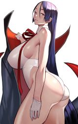 Rule 34 | 1girl, absurdres, ass, bare shoulders, bb (fate), bb (fate) (all), bb (swimsuit mooncancer) (fate), bb (swimsuit mooncancer) (fate) (cosplay), bb (swimsuit mooncancer) (third ascension) (fate), black coat, breasts, coat, unworn coat, cosplay, fate/grand order, fate (series), gloves, hair ribbon, highleg, highleg leotard, highres, large breasts, leotard, long hair, minamoto no raikou (fate), neck ribbon, open clothes, open coat, parted lips, popped collar, purple eyes, purple hair, red ribbon, ribbon, simple background, smile, thighs, very long hair, white background, white gloves, white leotard, yoshio (55level)