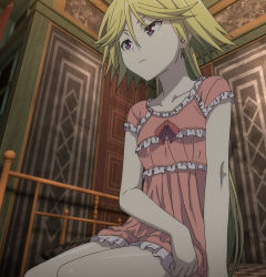 Rule 34 | 10s, 1girl, bed, blonde hair, highres, long hair, pajamas, pink eyes, purple eyes, screencap, sitting, solo, stitched, thighs, third-party edit, trinity seven, very long hair, yamana mira