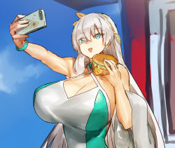 Rule 34 | 1girl, anastasia (fate), aqua one-piece swimsuit, bare shoulders, bead bracelet, beads, blue eyes, blue sky, bracelet, breasts, burger, cellphone, cleavage, fate/grand order, fate (series), food, hair over one eye, hairband, huge breasts, jewelry, long hair, melon22, one-piece swimsuit, open mouth, outstretched arm, phone, selfie, sky, smile, solo, swimsuit, towel, two-tone swimsuit, white one-piece swimsuit