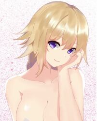 Rule 34 | 1girl, blonde hair, breasts, collarbone, commentary request, fate/apocrypha, fate (series), hand up, head tilt, jeanne d&#039;arc (fate), large breasts, long hair, looking at viewer, mydmy, nude, out-of-frame censoring, purple eyes, smile, solo, upper body