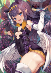 Rule 34 | 1girl, armpit crease, ass, asymmetrical gloves, bare shoulders, black gloves, blue eyes, blunt bangs, blush stickers, book, clothing cutout, commentary, covered navel, dress, elbow gloves, english commentary, fang, feathered wings, flat chest, gloves, highres, holding, holding book, hololive, hololive english, long hair, looking at viewer, ninomae ina&#039;nis, open mouth, pointy ears, purple hair, sleeveless, sleeveless dress, smile, solo, tentacles, thighhighs, thighs, twisted torso, underboob cutout, very long hair, virtual youtuber, wings, xephonia