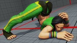 Rule 34 | 1girl, 3d, absurdres, arm rest, artist name, ass, ass focus, black hair, braid, breasts, flexible, full body, highres, huge ass, jack-o&#039; challenge, laura matsuda, looking at viewer, meme, one eye closed, simple background, skin tight, solo, spread legs, street fighter, street fighter v, thighs, toes, wide spread legs, wink