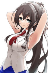 Rule 34 | 1girl, amai nekuta, arms behind head, arms up, assault lily, bare arms, bare shoulders, blue skirt, blurry, bow, bra, bra peek, breast pocket, breasts, brown hair, buttons, closed mouth, collared shirt, crossed bangs, depth of field, grey eyes, hair between eyes, hair bow, high ponytail, highres, large breasts, light blush, long hair, looking at viewer, necktie, pocket, ponytail, red necktie, serizawa chikaru, shirt, sideboob, sidelocks, skirt, smile, solo, standing, underwear, upper body, very long hair, white background, white bow, white shirt