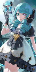 Rule 34 | 1girl, absurdres, black bow, black gloves, bow, character doll, closed mouth, dress, feet out of frame, frilled dress, frills, gloves, green eyes, green hair, grey dress, gwen (league of legends), hair bow, highres, holding sewing needle, kani samurai, league of legends, long hair, looking at viewer, puffy short sleeves, puffy sleeves, short sleeves, smile, solo, twintails