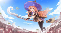 Rule 34 | 10s, 1girl, :d, atelier (series), atelier ayesha, atelier escha &amp; logy, black gloves, black pantyhose, blush, bread, bridal gauntlets, broom, broom riding, brown eyes, cloud, collarbone, day, female focus, flying, food, full body, gloves, hat, high heels, highres, holding, house, jewelry, long hair, necklace, open mouth, outdoors, pantyhose, pentacle, pentagram, pink hair, print headwear, shoes, sign, sky, smile, solo, star (symbol), star print, sunimu, very long hair, wilbell voll-ersleid, window, witch, witch hat