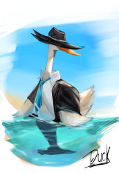 Rule 34 | arknights, bird, black headwear, black jacket, duck, duck lord (arknights), eugle na, fedora, hat, highres, jacket, no humans, open clothes, open jacket, shirt, white shirt