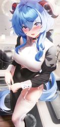 Rule 34 | 1girl, absurdres, alternate costume, black choker, blue hair, blush, breasts, choker, fantongjun, from above, ganyu (genshin impact), garter straps, genshin impact, goat horns, highres, horns, indoors, large breasts, long hair, long sleeves, looking at viewer, parted lips, purple eyes, solo, thighhighs, thighs, white thighhighs