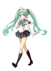 Rule 34 | 1girl, ahoge, bishoujo senshi sailor moon, blue eyes, blush, boots, choker, cosplay, elbow gloves, fdcz518, full body, gloves, green hair, hatsune miku, highres, knee boots, long hair, sailor senshi, sailor senshi (cosplay), skirt, smile, solo, twintails, unofficial sailor senshi uniform, very long hair, vocaloid, white background, white gloves