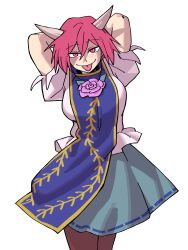 Rule 34 | 1girl, absurdres, arms behind back, arms up, breasts, closed mouth, commentary, eddybird55555, green skirt, highres, horns, ibaraki douji&#039;s arm, large breasts, looking at viewer, pink eyes, pink hair, ribbon-trimmed skirt, ribbon trim, shirt, short hair, short sleeves, simple background, skirt, smile, solo, tongue, tongue out, touhou, white background, white shirt