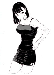 Rule 34 | 1girl, bad id, bad pixiv id, black dress, black hair, breasts, cleavage, closed mouth, collarbone, dende (dndn222), dress, earrings, greyscale, hair behind ear, highres, jewelry, large breasts, looking at viewer, monochrome, original, scan, scan artifacts, shirt, short hair, solo, standing, traditional media