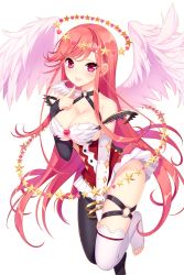 Rule 34 | 1girl, angel, angel wings, bare shoulders, breasts, cleavage, dress, feathered wings, finger to mouth, framed breasts, garter straps, halo, halterneck, heart, highres, long hair, looking at viewer, medium breasts, no panties, official art, orbit, pantyhose, pink dress, purple eyes, red dress, shirahane nao, sitting, soccer spirits, star (symbol), thighhighs, transparent background, verister (soccer spirits), wings