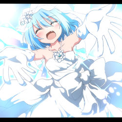 Rule 34 | 1girl, :d, ^ ^, alternate costume, bare shoulders, blue hair, blush, border, breasts, bridal veil, cirno, closed eyes, collarbone, corsage, crying, do (4-rt), dress, fang, gloves, gradient background, happy tears, incoming hug, letterboxed, open mouth, short hair, small breasts, smile, solo, tears, touhou, veil, wedding dress, white gloves