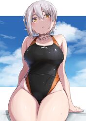 Rule 34 | 1girl, black one-piece swimsuit, blue hair, breasts, commentary request, competition swimsuit, cowboy shot, dated, grey hair, highleg, highleg swimsuit, highres, large breasts, nishisaki fuyuka, one-piece swimsuit, orange eyes, original, short hair, showhey!!, sitting, solo, swimsuit, twitter username, two-tone swimsuit, wet, wet clothes, wet swimsuit