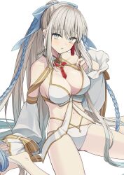 Rule 34 | 1girl, absurdres, bikini, blue eyes, blush, bow, bow choker, braid, breasts, cape, commentary request, detached sleeves, fate/grand order, fate (series), flower, french braid, grey hair, hair bow, hair flower, hair ornament, highres, kake udon, large breasts, long hair, looking at viewer, mirror twins, morgan le fay (fate), morgan le fay (water princess) (fate), multicolored cape, multicolored clothes, navel, ornament, red tassel, simple background, sitting, solo, stomach, striped belt, swimsuit, tassel, tassel hair ornament, two-tone bow, two-tone sleeves, very long hair, wariza, white bikini