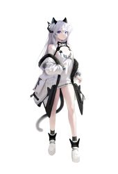 Rule 34 | 1girl, absurdres, animal ears, cat ears, cat girl, cat tail, charles (106858), closed mouth, commentary, copyright request, dress, headgear, highres, jacket, long hair, looking at viewer, purple eyes, shoes, short dress, solo, symbol-only commentary, tagme, tail, white background, white dress, white hair, white jacket