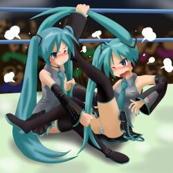 Rule 34 | angry, blue hair, blue nails, blush, clenched teeth, cosplay, face-to-face, fighting, grabbing another&#039;s hair, hatsune miku, hatsune miku (cosplay), hiiragi kagami, hirondo, lucky star, panties, pantyshot, rope, skirt, striped clothes, striped panties, teeth, twintails, underwear, vocaloid, wrestling, wrestling ring