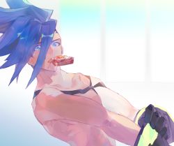 Rule 34 | 1boy, asymmetrical hair, bad id, bad pixiv id, blue eyes, blue hair, bread slice, dressing, egg (food), food, food in mouth, fried egg, fried egg on toast, galo thymos, gloves, kibadori rue, looking at viewer, male focus, mouth hold, pectorals, promare, sidecut, solo, spiked hair, toast, toast in mouth, topless male, undercut