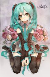 Rule 34 | 1girl, aqua eyes, aqua hair, bad id, bad pixiv id, between legs, bouquet, commentary, detached sleeves, flower, hair ornament, hand between legs, hatsune miku, headset, highres, long hair, looking at viewer, necktie, rose, sitting, skirt, smile, solo, takepon1123, thighhighs, twintails, very long hair, vocaloid, wariza