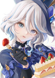Rule 34 | 1girl, absurdres, ascot, black gloves, blue ascot, blue brooch, blue eyes, blue hair, blue hat, blue jacket, cake, commentary, commentary request, drop-shaped pupils, english commentary, food, food on face, fork, fruit, furina (genshin impact), genshin impact, gloves, gold fork, hair between eyes, hat, hat ribbon, head tilt, highres, holding, holding fork, jacket, kns hanazuna, light blue hair, long hair, long sleeves, looking at viewer, mixed-language commentary, multicolored hair, parted lips, plate, ribbon, simple background, solo, strawberry, strawberry shortcake, streaked hair, symbol-shaped pupils, top hat, upper body, white background