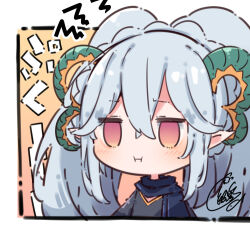 Rule 34 | 1girl, :i, beni shake, black dress, blue scarf, blush, braid, chibi, closed mouth, commentary request, dress, fate/grand order, fate (series), grey hair, hair between eyes, horns, larva tiamat (fate), larva tiamat (second ascension) (fate), long hair, red eyes, scarf, signature, solo, tiamat (fate), translation request, upper body
