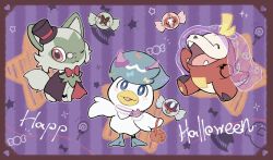 Rule 34 | ;3, blue eyes, blush, border, bright pupils, brown border, candy, candy wrapper, cloak, commentary request, creatures (company), fuecoco, game freak, halloween, happy halloween, hat, nintendo, no humans, one eye closed, open mouth, pokemon, pokemon (creature), quaxly, smile, sprigatito, starter pokemon trio, tudurimike, white pupils, wrapped candy