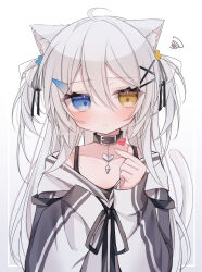 Rule 34 | 1girl, ahoge, animal ear fluff, animal ears, black camisole, black collar, black ribbon, blue eyes, blush, brown eyes, camisole, cat ears, cat girl, cat tail, closed mouth, collar, collarbone, commentary request, finger heart, gradient background, grey background, grey hair, hair between eyes, hair ornament, hair ribbon, hairclip, hands up, heart, heterochromia, highres, jacket, long hair, long sleeves, original, puffy long sleeves, puffy sleeves, ribbon, ringouulu, sleeves past fingers, sleeves past wrists, solo, squiggle, tail, twitter username, two side up, upper body, very long hair, white background, white jacket, x hair ornament