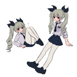 Rule 34 | 1girl, anchovy (girls und panzer), belt, black eyes, blush, bow, collared shirt, drill hair, flying sweatdrops, girls und panzer, grey hair, hair bow, knees up, long hair, long sleeves, multiple views, necktie, pantyhose, pleated skirt, ri (qrcode), shirt, skirt, sleeves rolled up, sweat, twin drills, twintails, uniform, white pantyhose