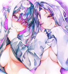 Rule 34 | ahoge, blush, breasts, eyes visible through hair, grey hair, hair ornament, hair over one eye, large breasts, long braid, long hair, looking at viewer, midriff, mole, mole under eye, navel, nijisanji, purple eyes, shirayuki tomoe, sideboob, simple background, smile, stomach, sukoya kana, towa k76, traditional media, twintails, underboob, virtual youtuber, x, x hair ornament