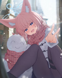 1girl :d absurdres alternate_costume animal_ear_fluff animal_ears black_pantyhose blue_archive blue_eyes blue_halo blurry blurry_background blush breath character_snowman coat commentary_request day doodle_sensei_(blue_archive) enpera feet_out_of_frame film_grain fox_ears fox_girl halo happy highres kabomeel_lse leaning_to_the_side long_sleeves looking_at_viewer medium_hair niko_(blue_archive) open_mouth outdoors paid_reward_available pantyhose plaid_clothes plaid_scarf red_scarf scarf sensei_(blue_archive) shared_clothes shared_scarf sitting smile snowing snowman solo spread_legs thigh_strap v white_coat winter_clothes