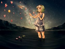 Rule 34 | 1girl, bad id, bad pixiv id, bird, campanella (vocaloid), chick, flower, goggles, goggles on head, green hair, gumi, heart, mountain, night, open mouth, paper airplane, ripples, smile, solo, star (symbol), vocaloid, water, yadori