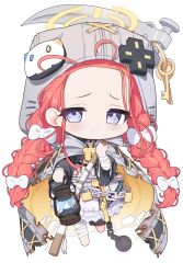 Rule 34 | 1girl, alternate costume, bandaged arm, bandages, barefoot, blue archive, bow, braid, chain, chibi, cloak, coat, commentary request, dress, forehead, frilled dress, frills, full body, hair bow, hair ribbon, halo, highres, holding, holding lantern, holding scythe, hood, hooded cloak, metal ball, lantern, lock, long hair, long sleeves, looking at viewer, low twintails, official alternate costume, open clothes, open coat, parted bangs, purple eyes, red hair, ribbon, scythe, sidelocks, simple background, skullman (blue archive), solo, surps, toes, torn clothes, torn dress, twin braids, twintails, walking, wide sleeves, yuzu (blue archive)