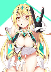 Rule 34 | 1girl, absurdres, bare shoulders, blonde hair, blush, breasts, chest jewel, cleavage, clenched teeth, daive, female focus, gem, gloves, gluteal fold, green background, hair between eyes, hand on own thigh, highres, kneeling, large breasts, long hair, looking at viewer, matching hair/eyes, mythra (xenoblade), nintendo, smile, solo, teeth, thighs, tiara, two-tone background, v, white background, white gloves, xenoblade chronicles (series), xenoblade chronicles 2, yellow eyes
