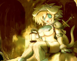 Rule 34 | 1girl, armor, blonde hair, blush, breasts, female focus, gloves, green eyes, horns, lamp, large breasts, open mouth, original, pointy ears, sakaki (noi-gren), short hair, solo, sword, tail, thighhighs, underboob, weapon