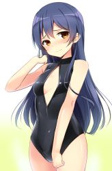 Rule 34 | 10s, 1girl, bare arms, bare legs, black one-piece swimsuit, blue hair, blush, breasts, embarrassed, front zipper swimsuit, hair between eyes, hand on own head, long hair, looking at viewer, love live!, love live! school idol project, meme attire, natsuki shuri, one-piece swimsuit, small breasts, sonoda umi, swimsuit, yellow eyes