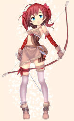 Rule 34 | 1girl, arrow (projectile), belt, blue eyes, boots, bow (weapon), detached sleeves, fang, full body, gloves, hair ribbon, legs, looking at viewer, navel, original, pouch, red hair, ribbon, skirt, smile, solo, standing, thigh gap, thigh strap, thighhighs, thighs, twintails, two side up, weapon, zizi (zz22)
