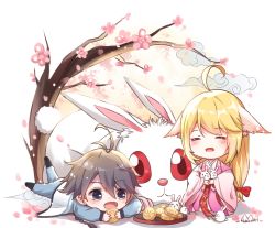 Rule 34 | 1boy, 1girl, :d, animal, animal ears, bai yuechu, black footwear, blonde hair, blue jacket, blue pants, blush, bow, braid, brown eyes, brown hair, chibi, chinese clothes, closed eyes, ears down, fang, flower, fox ears, hair between eyes, hair bow, hanfu, heart, highres, huyao xiao hongniang, jacket, leg up, long hair, long sleeves, lying, miaorh, mid-autumn festival, mooncake, on stomach, open mouth, pants, pink flower, rabbit, red bow, red eyes, shoes, signature, smile, track jacket, track pants, track suit, tree, tushan susu, very long hair, white background, wide sleeves