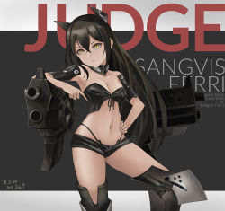Rule 34 | 1girl, ark john up, black hair, black shorts, blush, boots, breasts, character name, choker, cleavage, closed mouth, collarbone, crossed bangs, dated, elbow rest, front-tie top, frown, girls&#039; frontline, hair between eyes, head tilt, headgear, highleg, judge (girls&#039; frontline), long hair, looking at viewer, medium breasts, navel, panties, sangvis ferri, shorts, sidelocks, signature, solo, thigh boots, thighhighs, underwear, yellow eyes