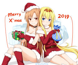 Rule 34 | 2019, 2girls, alice zuberg, asuna (sao), bare shoulders, blue eyes, blush, boots, breasts, brown eyes, cleavage, commentary, dress, elbow gloves, felutiahime, fur trim, gift, gloves, hair between eyes, hairband, hat, highres, holding, holding gift, large breasts, looking at viewer, merry christmas, multiple girls, red footwear, red gloves, red hairband, red ribbon, ribbon, santa dress, santa hat, sleeveless, sleeveless dress, strapless, strapless dress, sword art online, sword art online: alicization, v-shaped eyebrows
