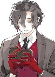 Rule 34 | 1boy, black hair, black jacket, black necktie, candy, chocolate, chocolate heart, collared shirt, constantine xi (fate), earrings, fate/grand order, fate (series), food, gloves, grey eyes, hair between eyes, heart, holding, holding food, huzishiro, jacket, jewelry, looking at object, male focus, necktie, open clothes, open jacket, parted lips, red gloves, red ribbon, red vest, ribbon, shirt, short hair, simple background, smile, solo, suit jacket, upper body, vest, white background, white shirt