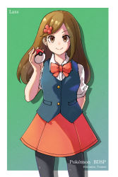 Rule 34 | 1girl, absurdres, black pantyhose, border, bow, bowtie, brown eyes, brown hair, buttons, character name, closed mouth, commentary request, copyright name, creatures (company), eyelashes, game freak, green background, hair ornament, highres, holding, holding poke ball, lass (pokemon), long hair, looking at viewer, nintendo, pantyhose, pleated skirt, poke ball, poke ball (basic), pokemon, pokemon bdsp, shirt, short sleeves, skirt, smile, solo, tennnensui, vest, white border, white shirt